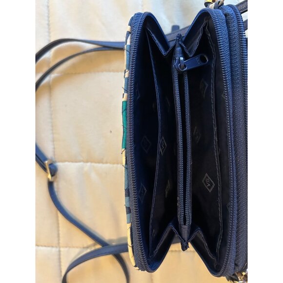 Vera Bradley Crossbody Wallet Purse Bag Blue Beige Geometric Print Quilted Trave - Picture 6 of 12